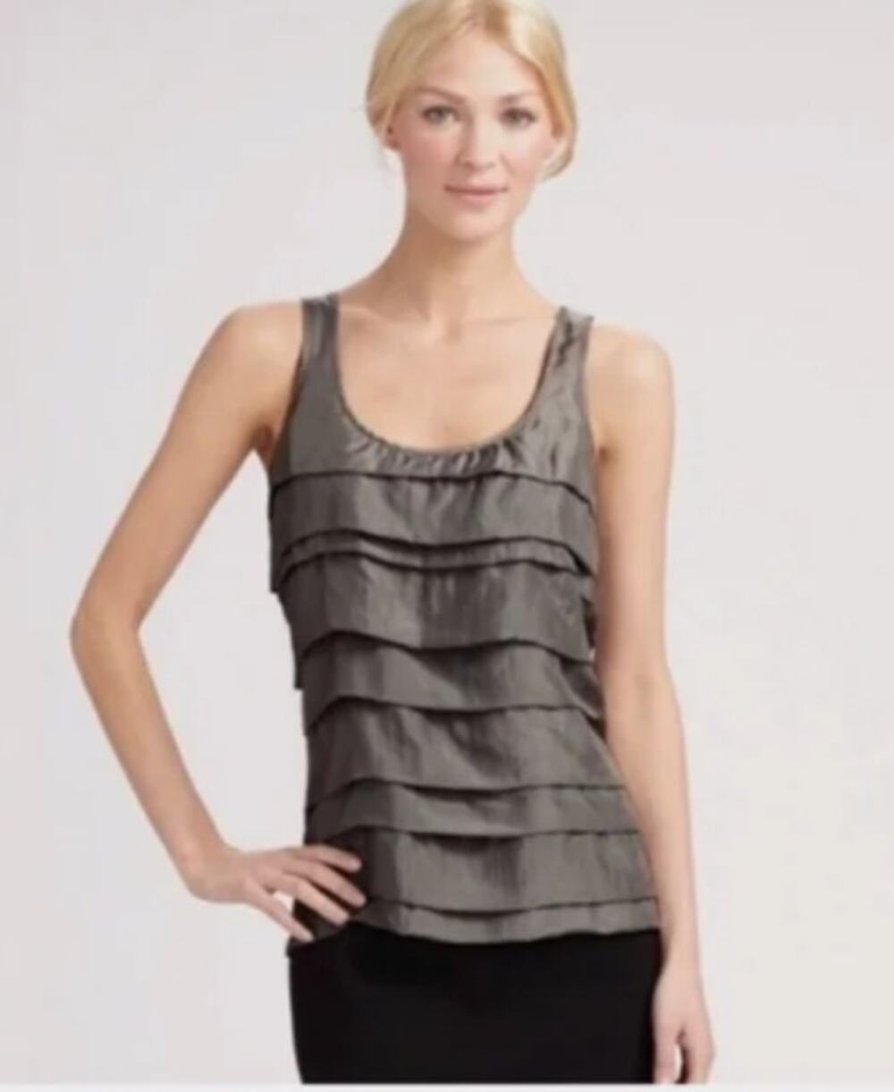 Eileen Fisher Habutai Tiered Ruffled Tanks (2 Tops) Brown &  Gray XS 100% Silk